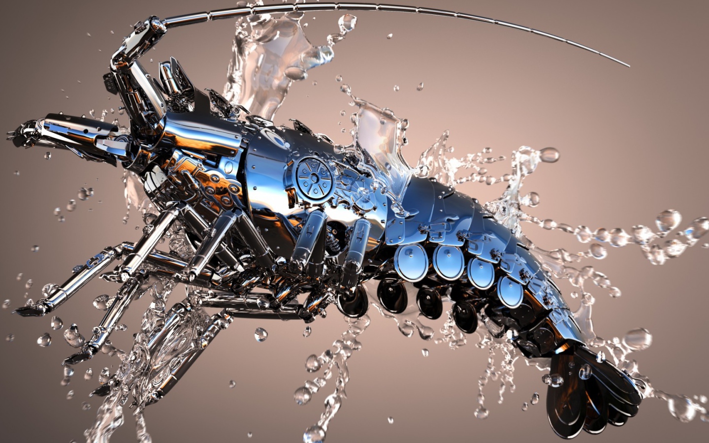 Механический рак в каплях воды 