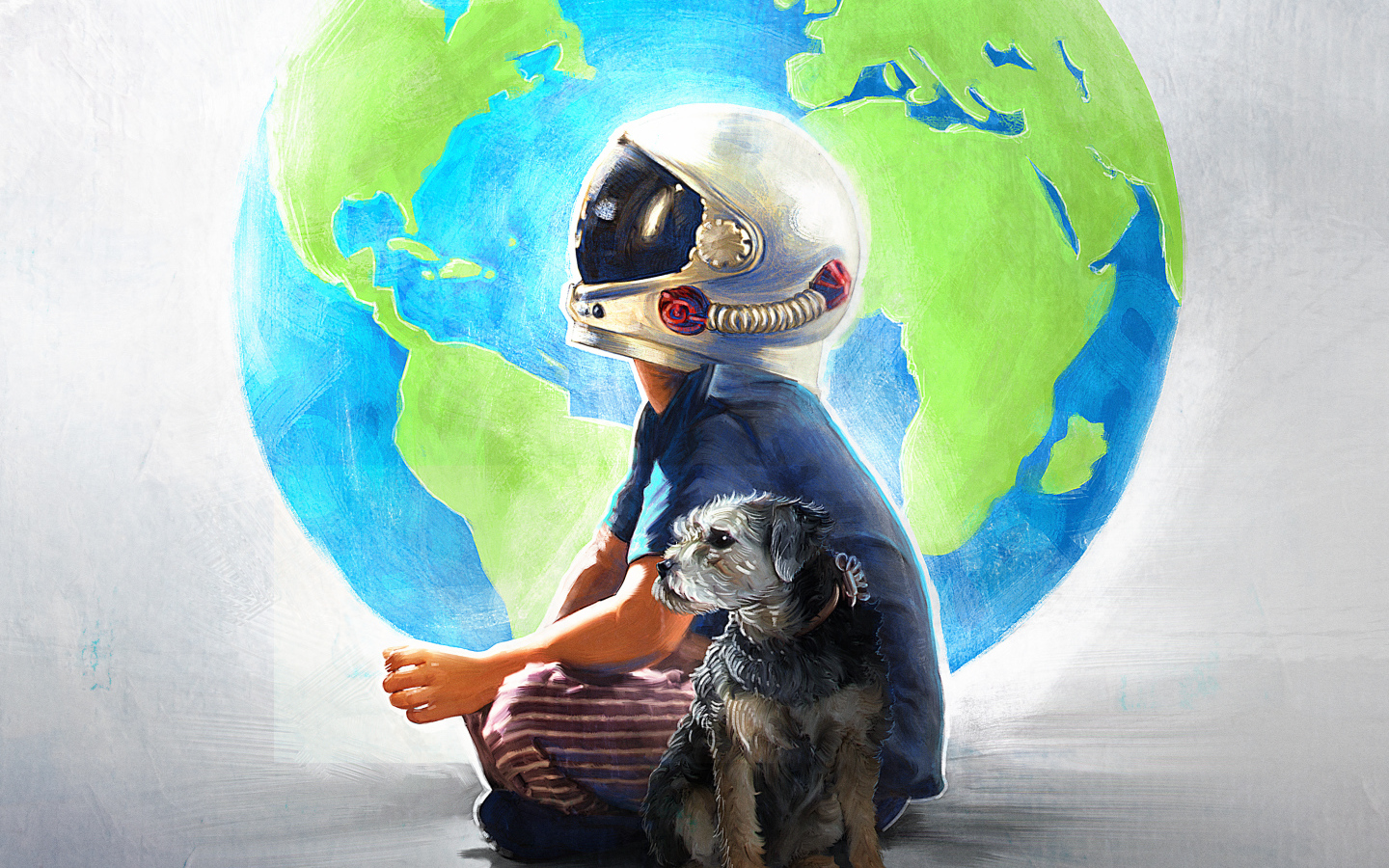 Нарисованный мальчик в шлеме космонавта с собакой