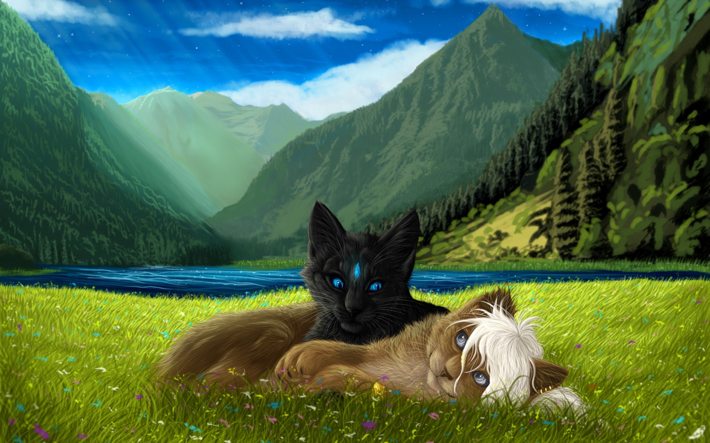 Две нарисованные кошки лежат на зеленой траве на фоне гор
