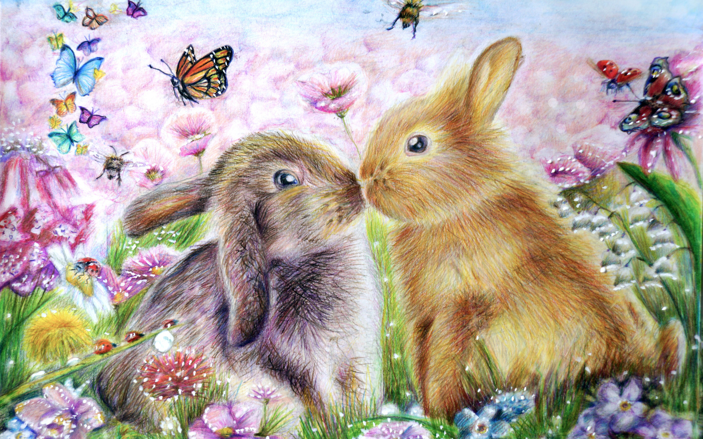 Два нарисованных кролика с бабочками