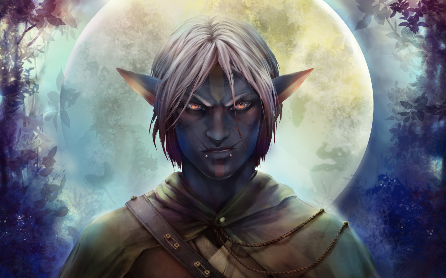 Хмурый мужчина эльф на фоне луны фэнтези