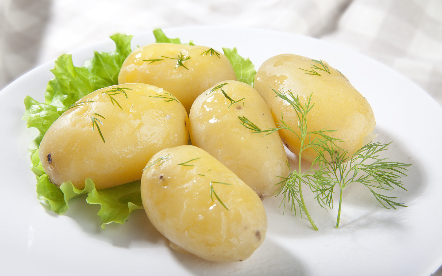 Вареный картофель с листом салата и зеленью на белой тарелке