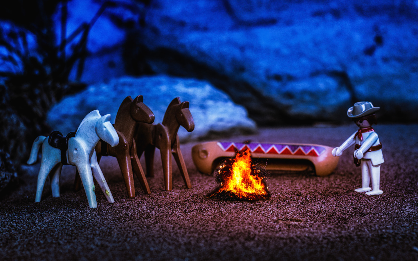Lego toys are warming around the fire