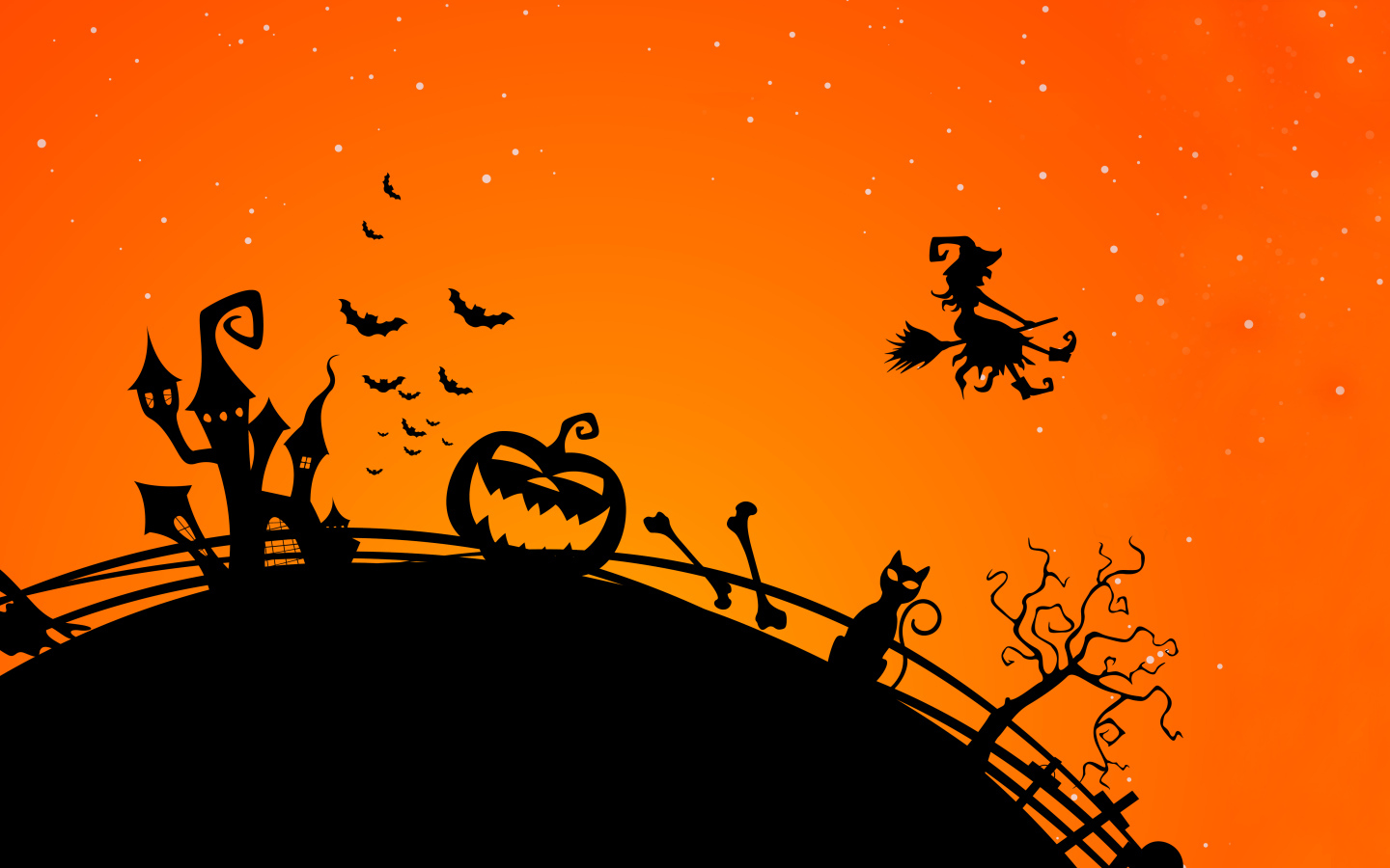 Black pumpkin, castle and flying witch on an orange background Holiday Halloween