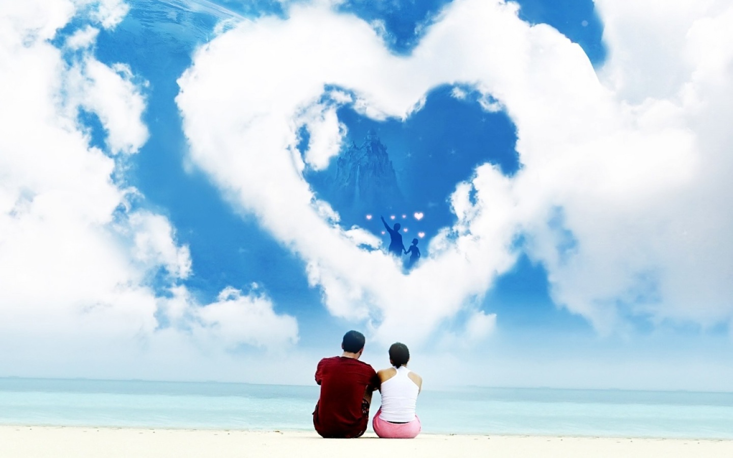 Lovers on the background of clouds in the shape of heart