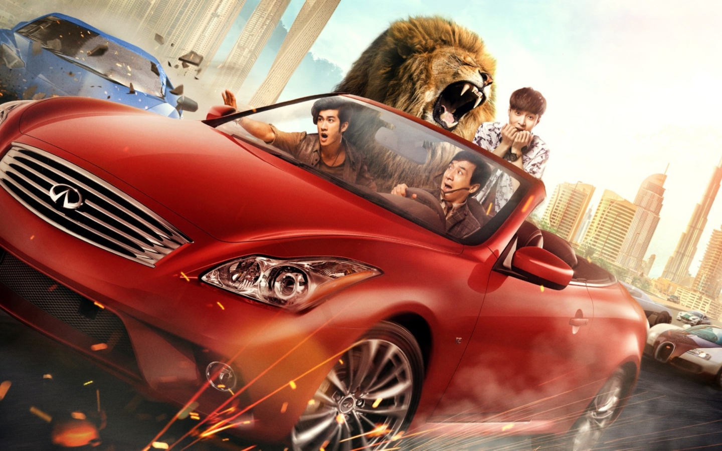Герои фильма Кунг-фу йога 2017 на красном автомобиле  