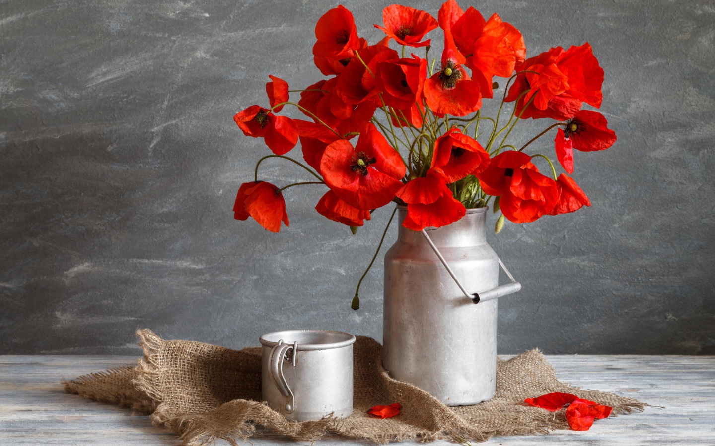 Букет красных маков в железном бидоне на столе с кружкой