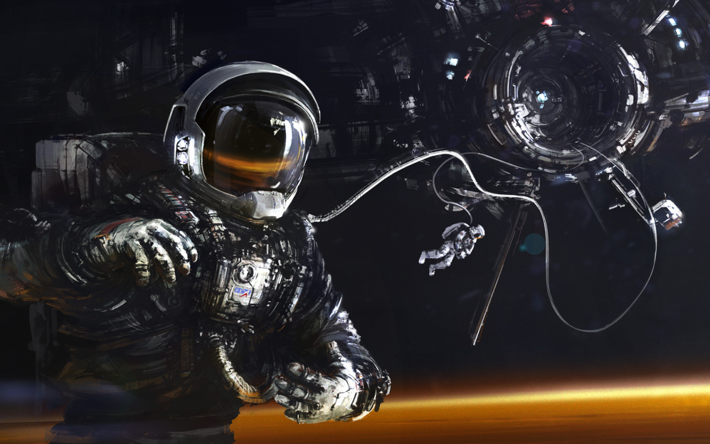 Астронавт и космический корабль над поверхностью Марса