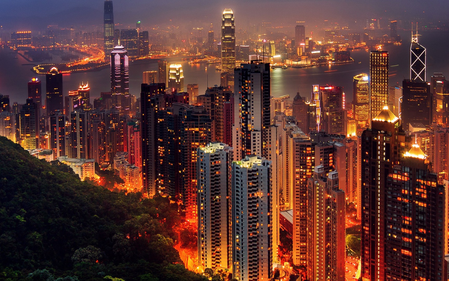 Вид на ночной Гонконг, Китай 