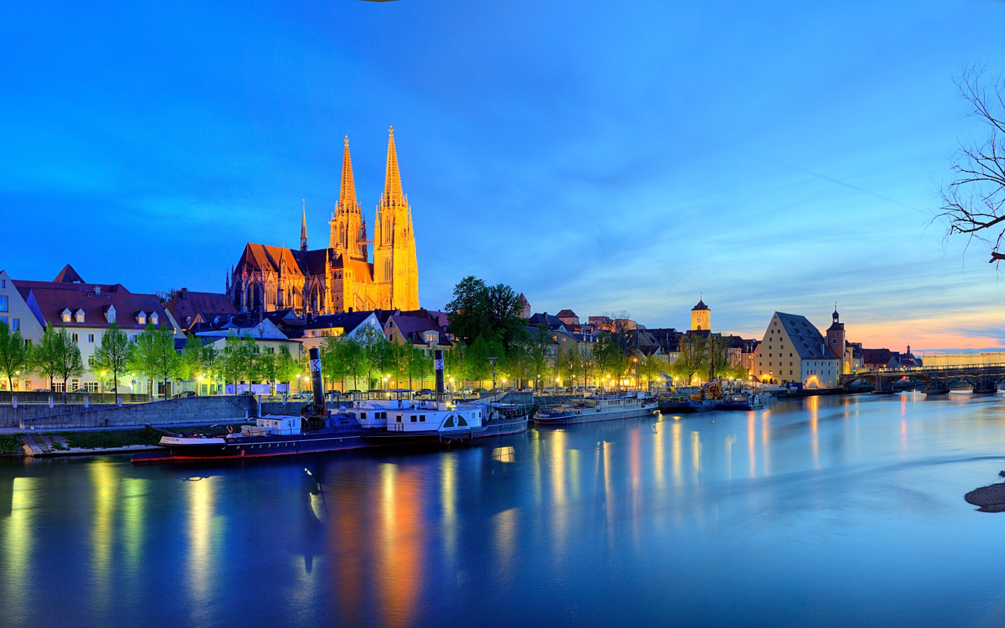 Night city Regensburg by the river, Germany