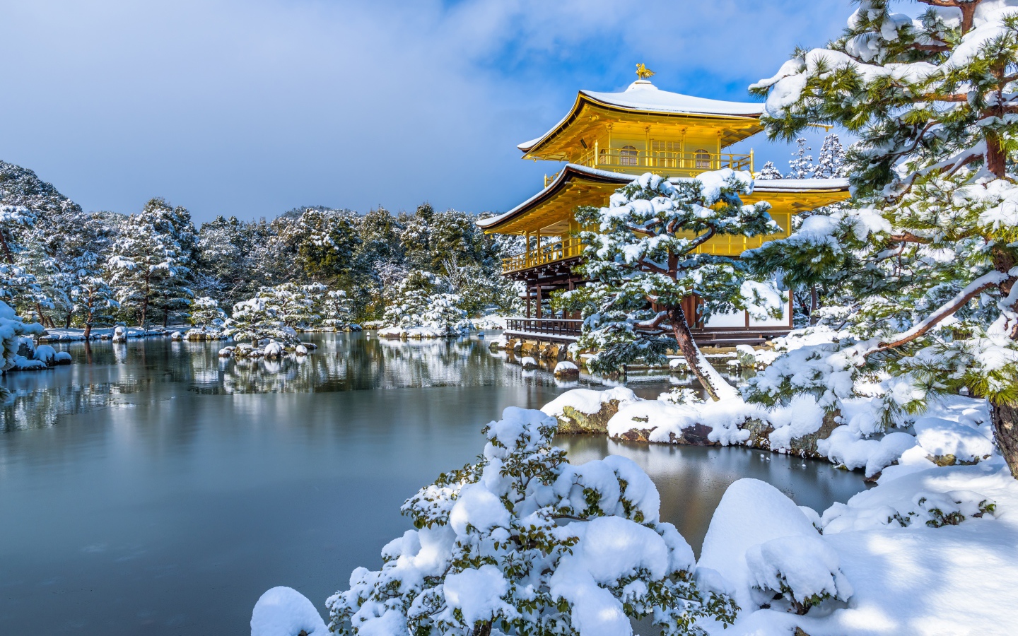 Покрытые снегом деревья и заледеневший пруд у храма Кинкаку-дзи зимой, Япония