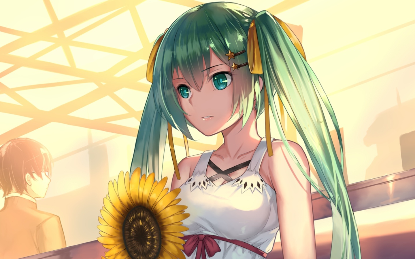 Девушка аниме Мику Хацунэ с подсолнухом в руках