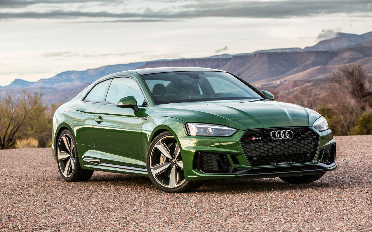 Green car Audi RS 5, 2018 on the background of the horizon