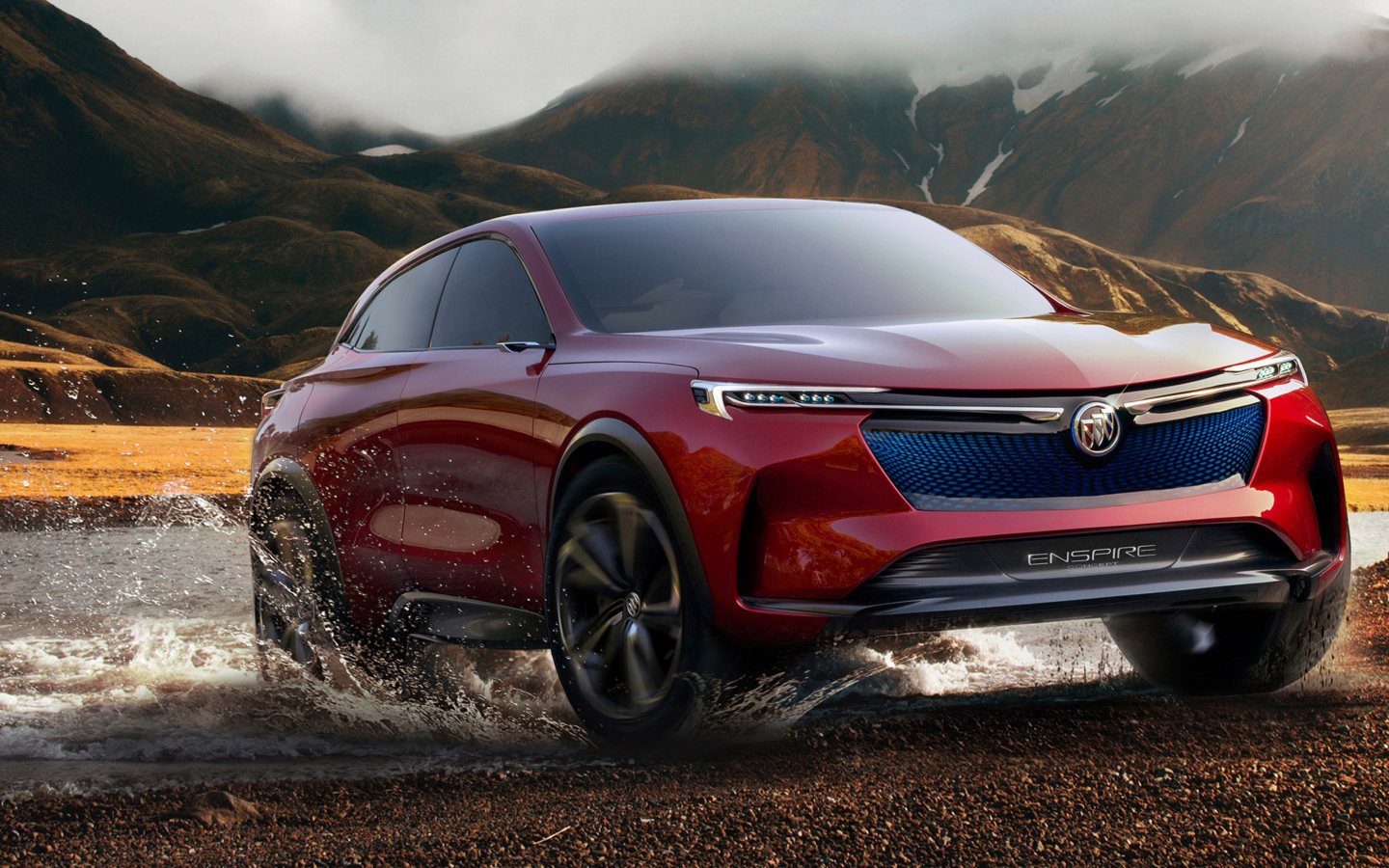 Красный внедорожник Buick Enspire, 2018 года едет по воде