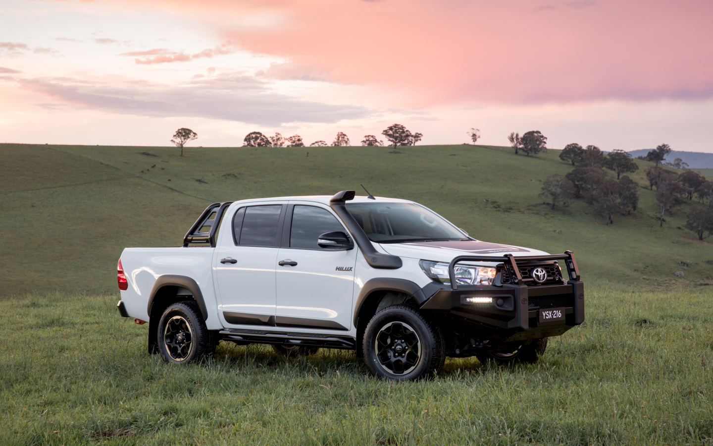 Белый пикап Toyota Hilux Rugged, 2018 года в поле 