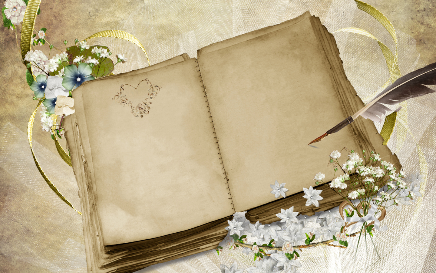Старая книга с пером и цветами, шаблон для поздравительной открытки