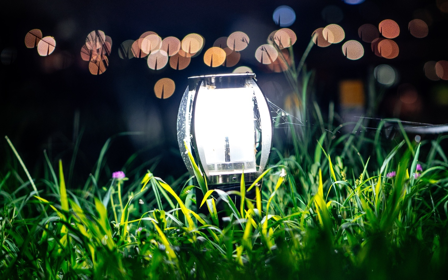 Включенный фонарь стоит в зеленой траве