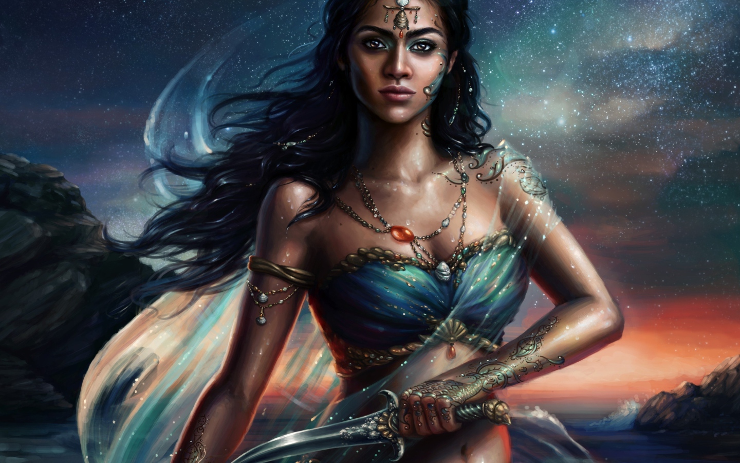 Beautiful warrior girl with dagger in hands, fantasy