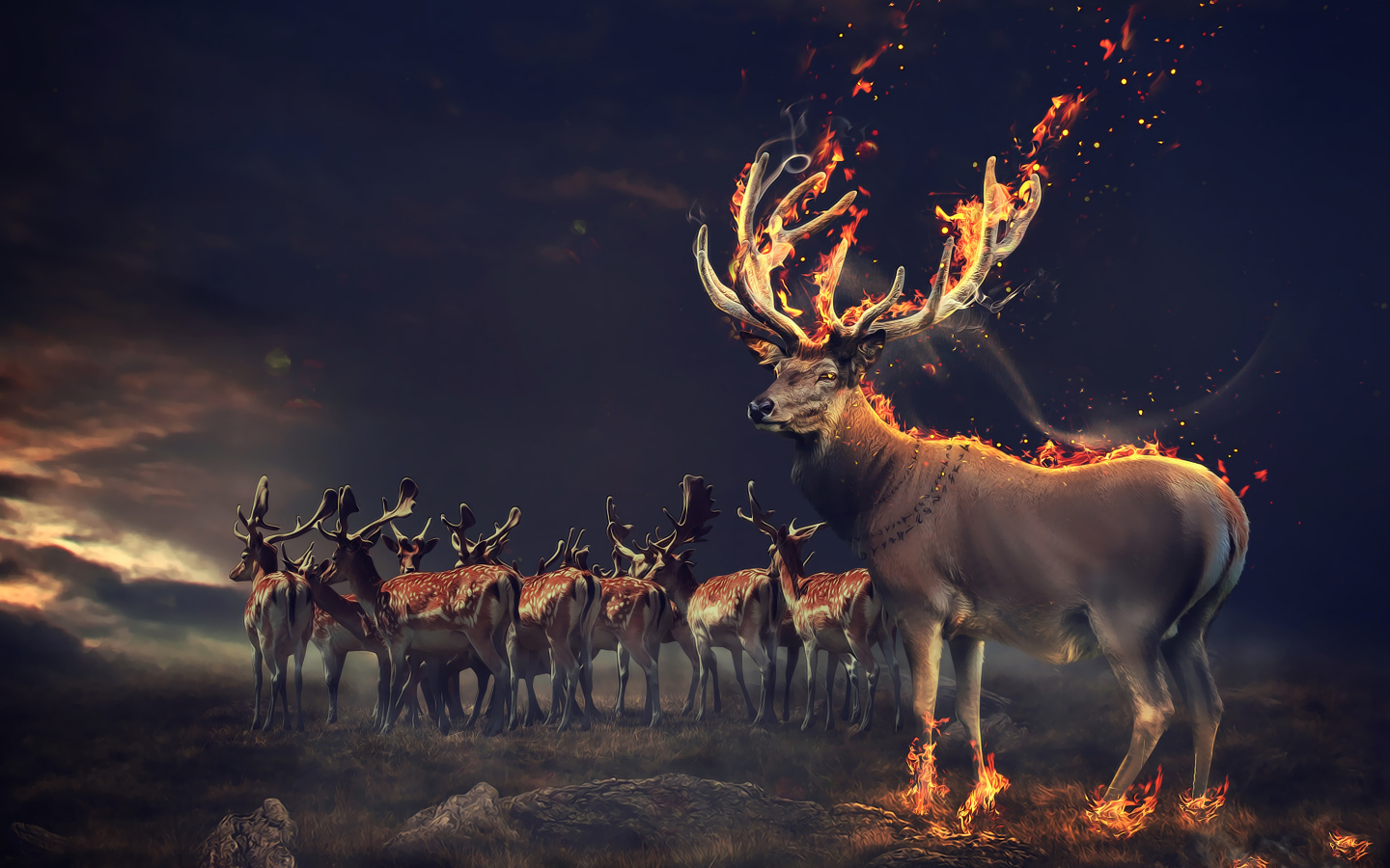 Фантастический олень с огненными рогами и копытами