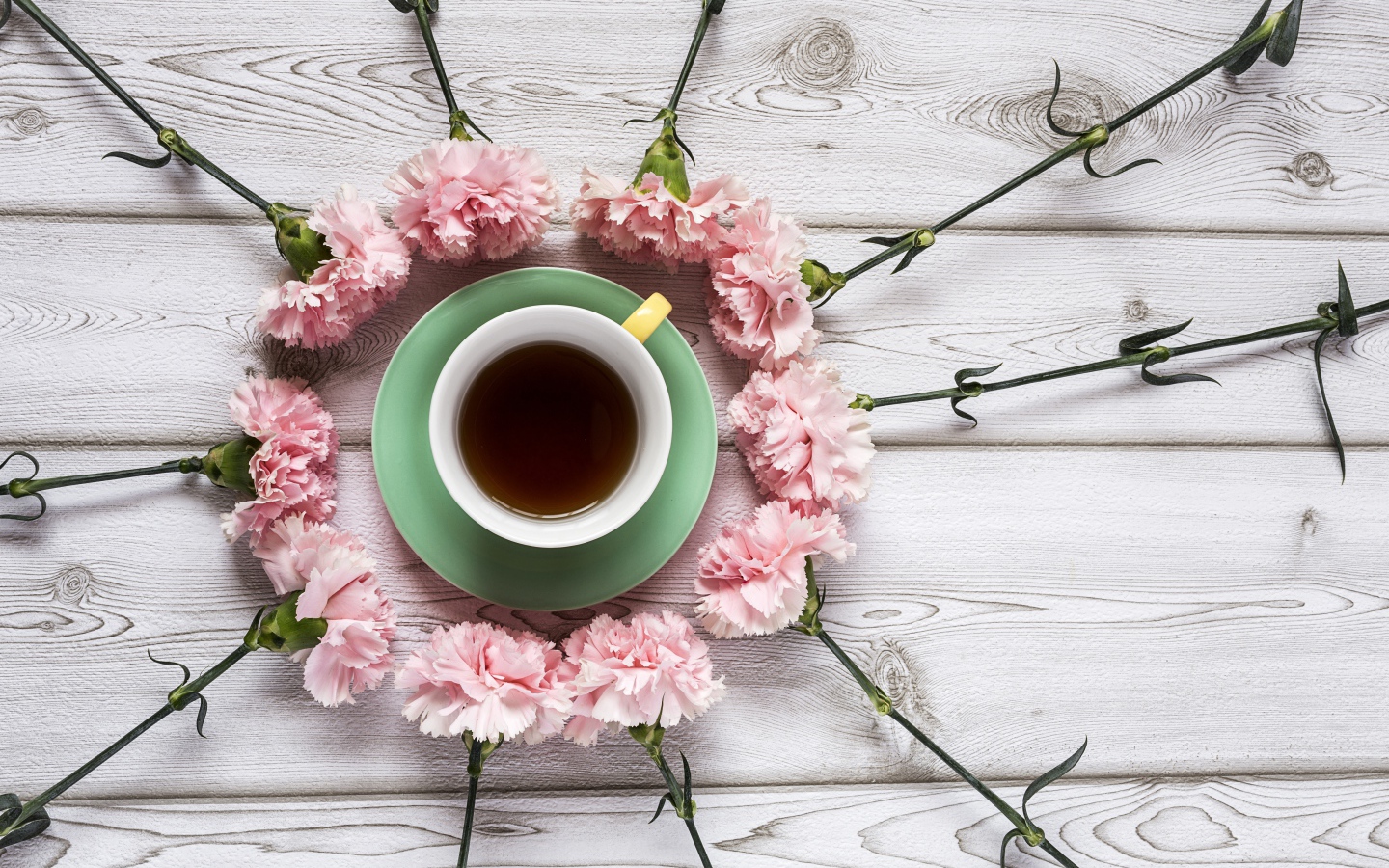 Чашка чая с розовыми гвоздиками на деревянном фоне