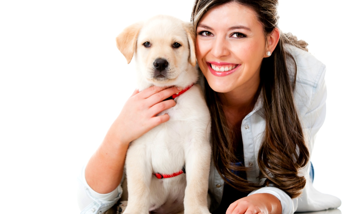 Красивая улыбающаяся девушка с щенком золотистого ретривера