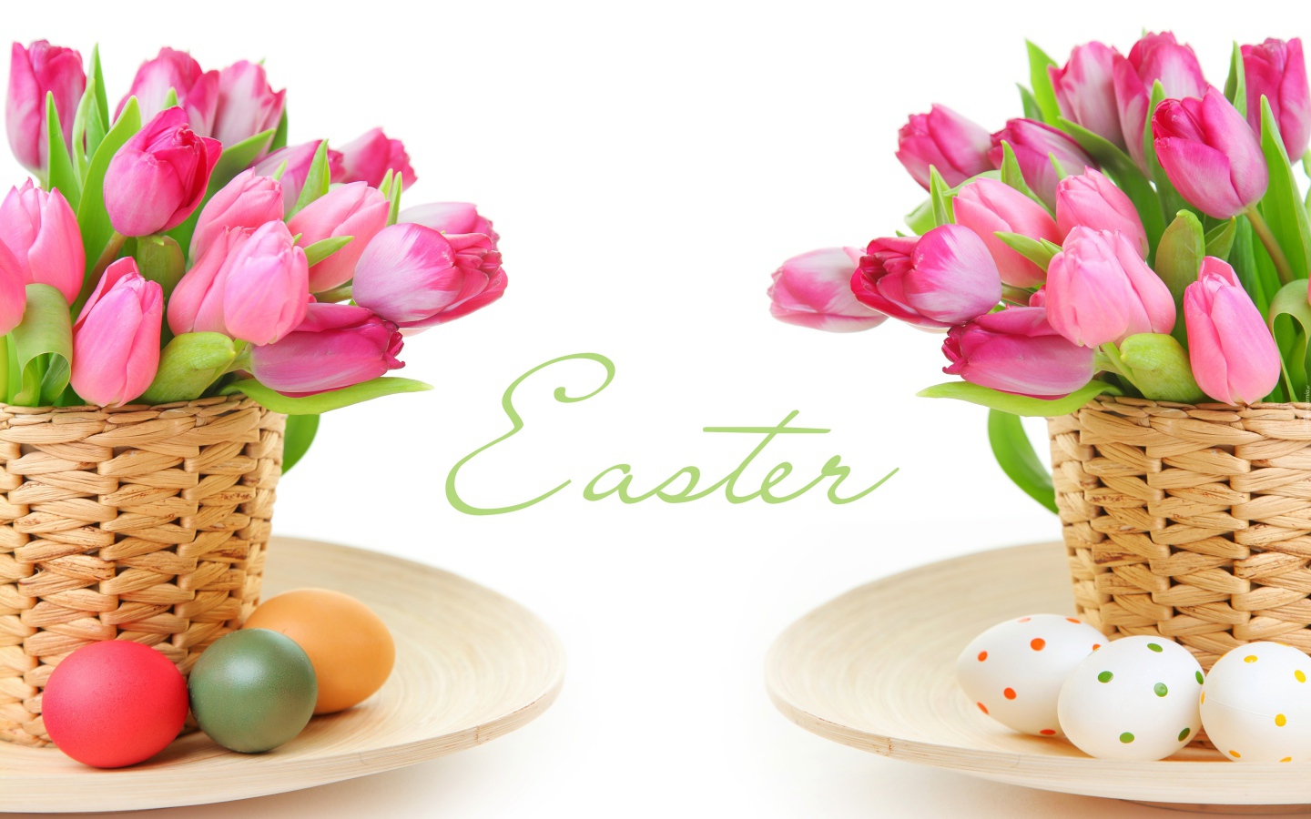 Букеты розовых тюльпанов с яйцами на белом фоне на праздник Пасха