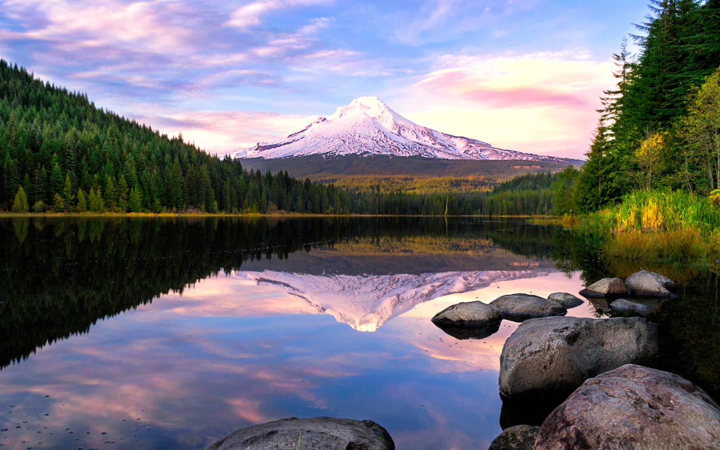 Заснеженная гора отражается в воде озера у зеленого леса