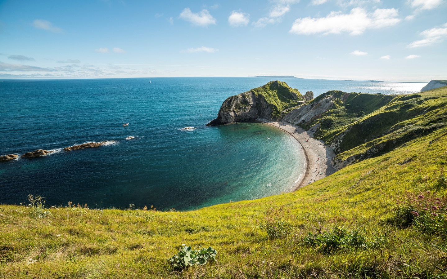 Вид на морской горизонт со скалы покрытой травой