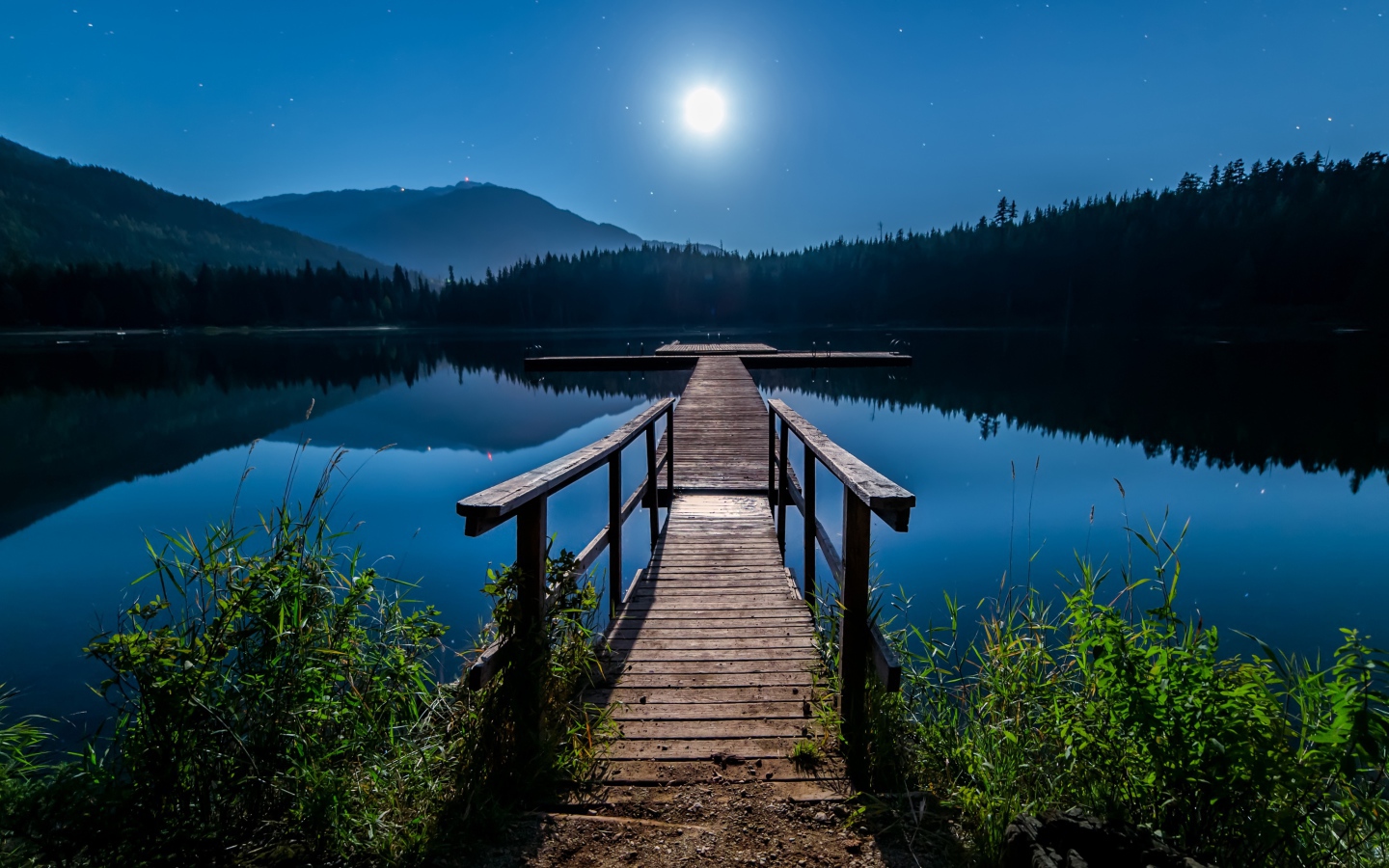 Деревянный мост на озере в полнолуние