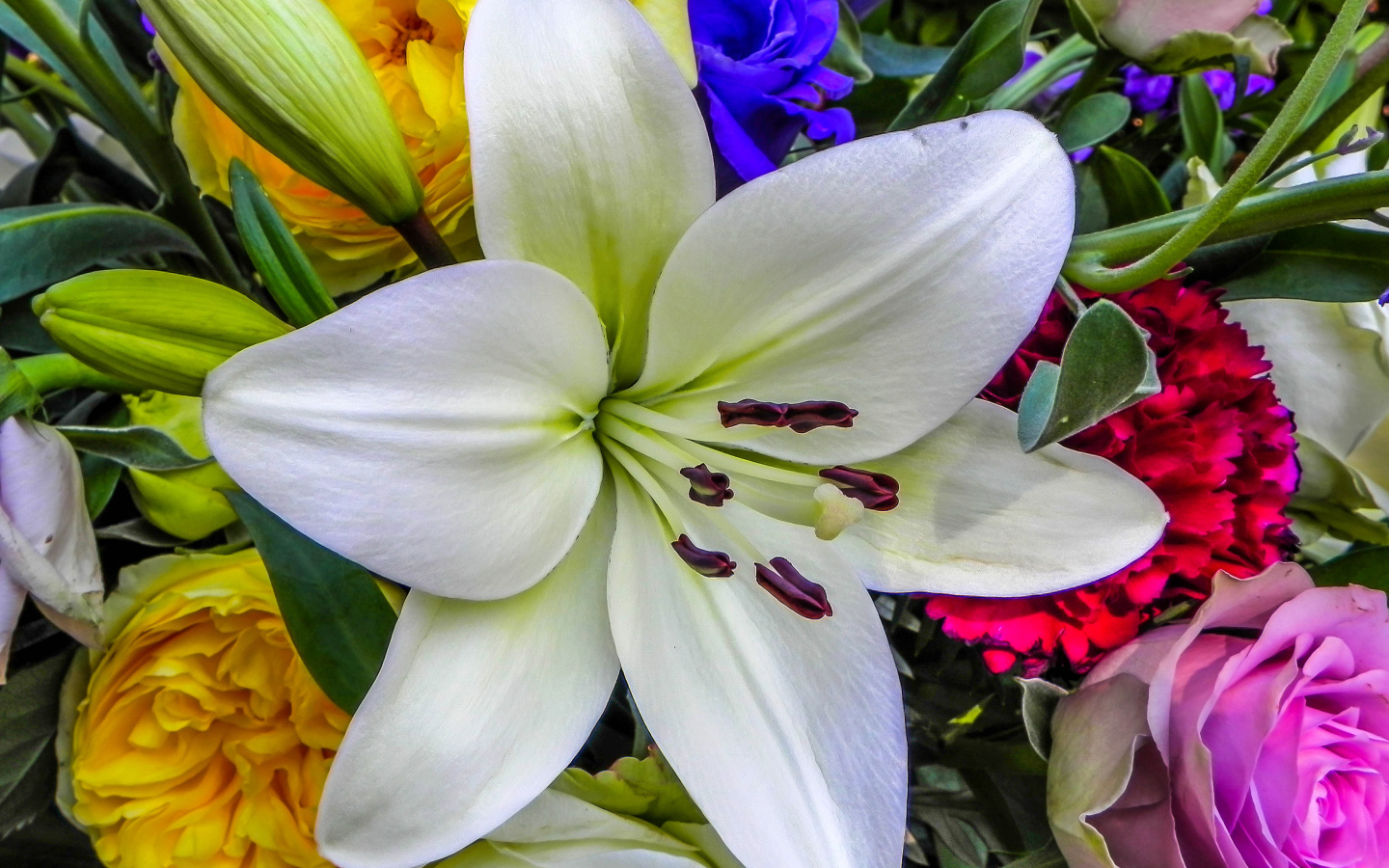 Красивая крупная белая лилия в букете крупным планом 