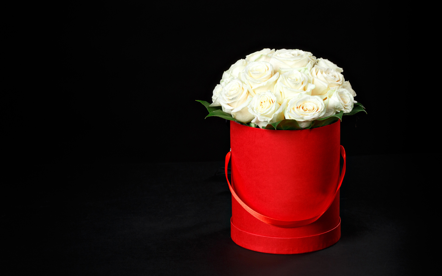 Букет белых роз в красном ведре на черном фоне
