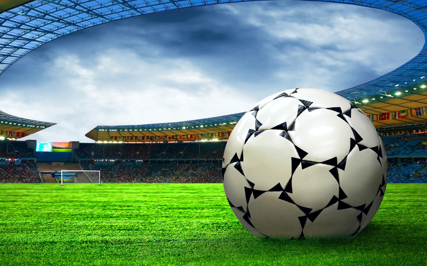 Футбольный мяч на зеленой траве стадиона