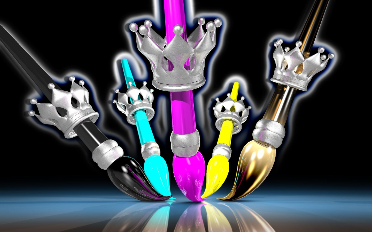 Разноцветные кисточки с коронами 3д графика