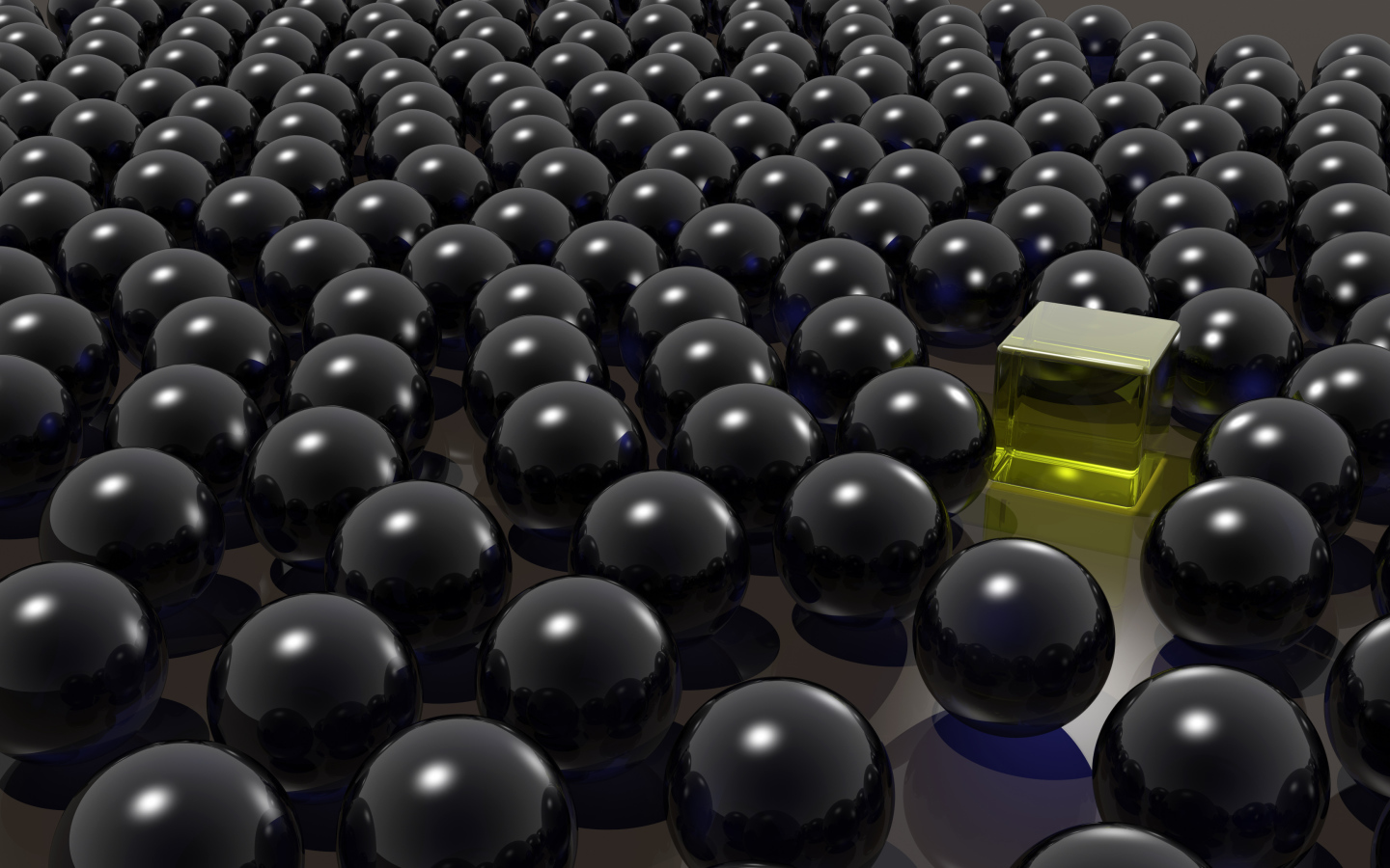 Желтый куб среди черных шаров 3д графика