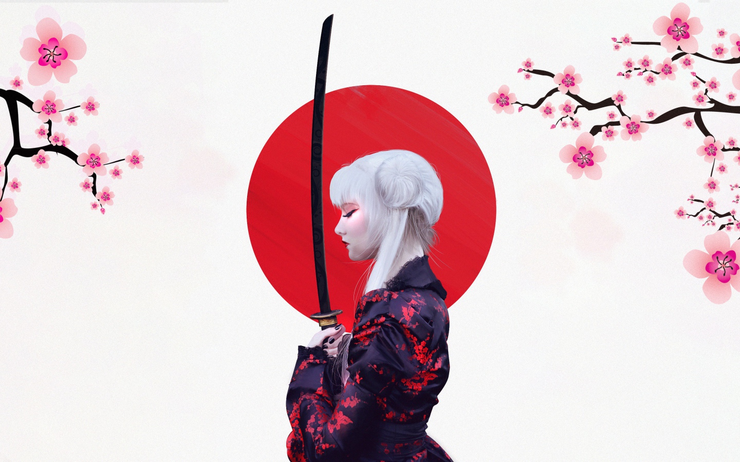 Anime girl Woman Warrior with sword on the background with sakura branches