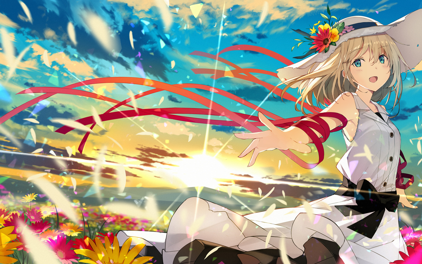 Девушка аниме в шляпе гуляет по полю с цветами