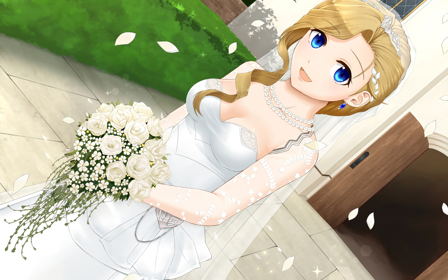 Anime girl in a white wedding dress with a bouquet