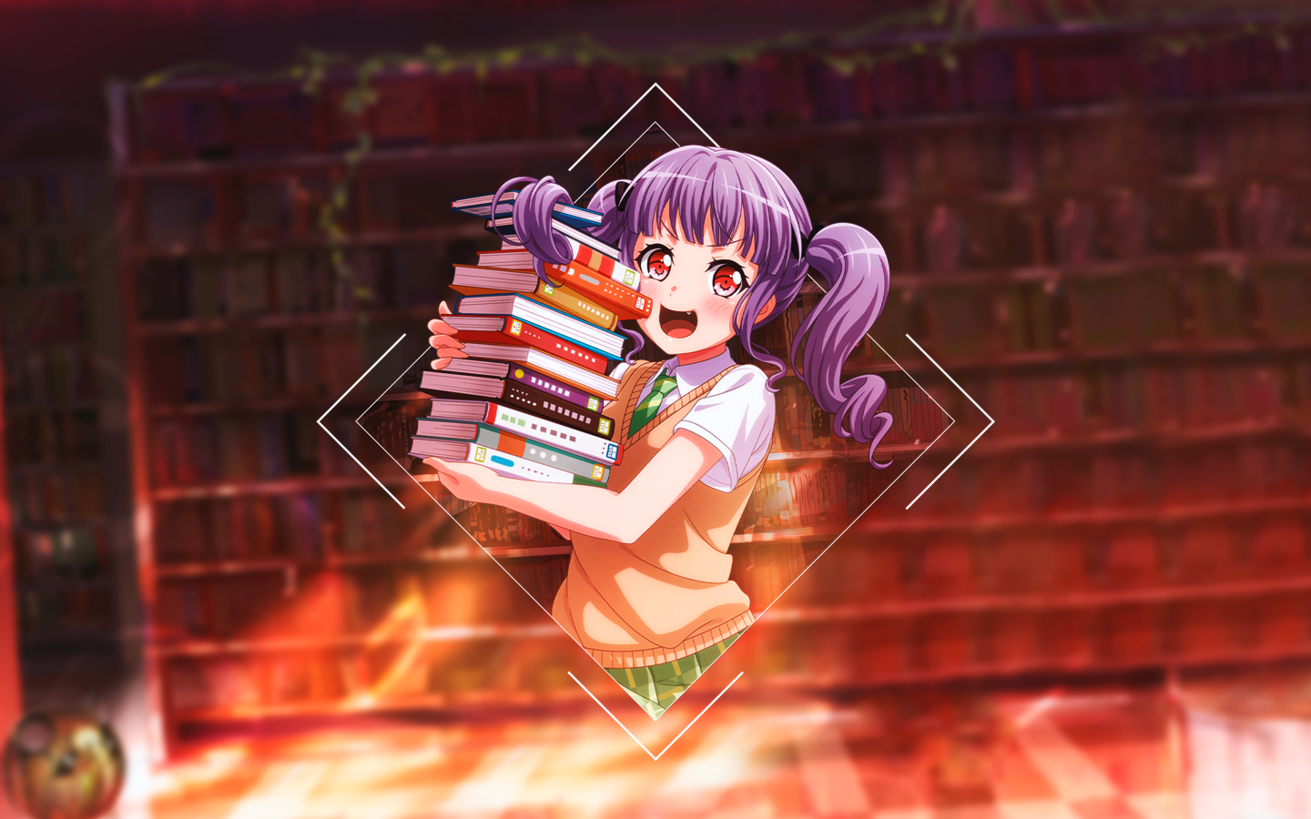Девушка аниме с книгами в библиотеке