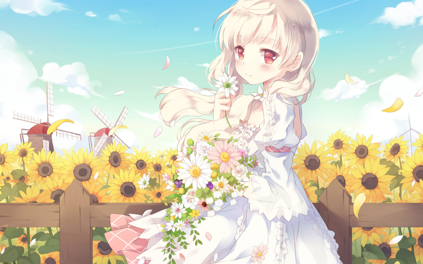 Красивая девушка аниме с букетом цветов в руках 