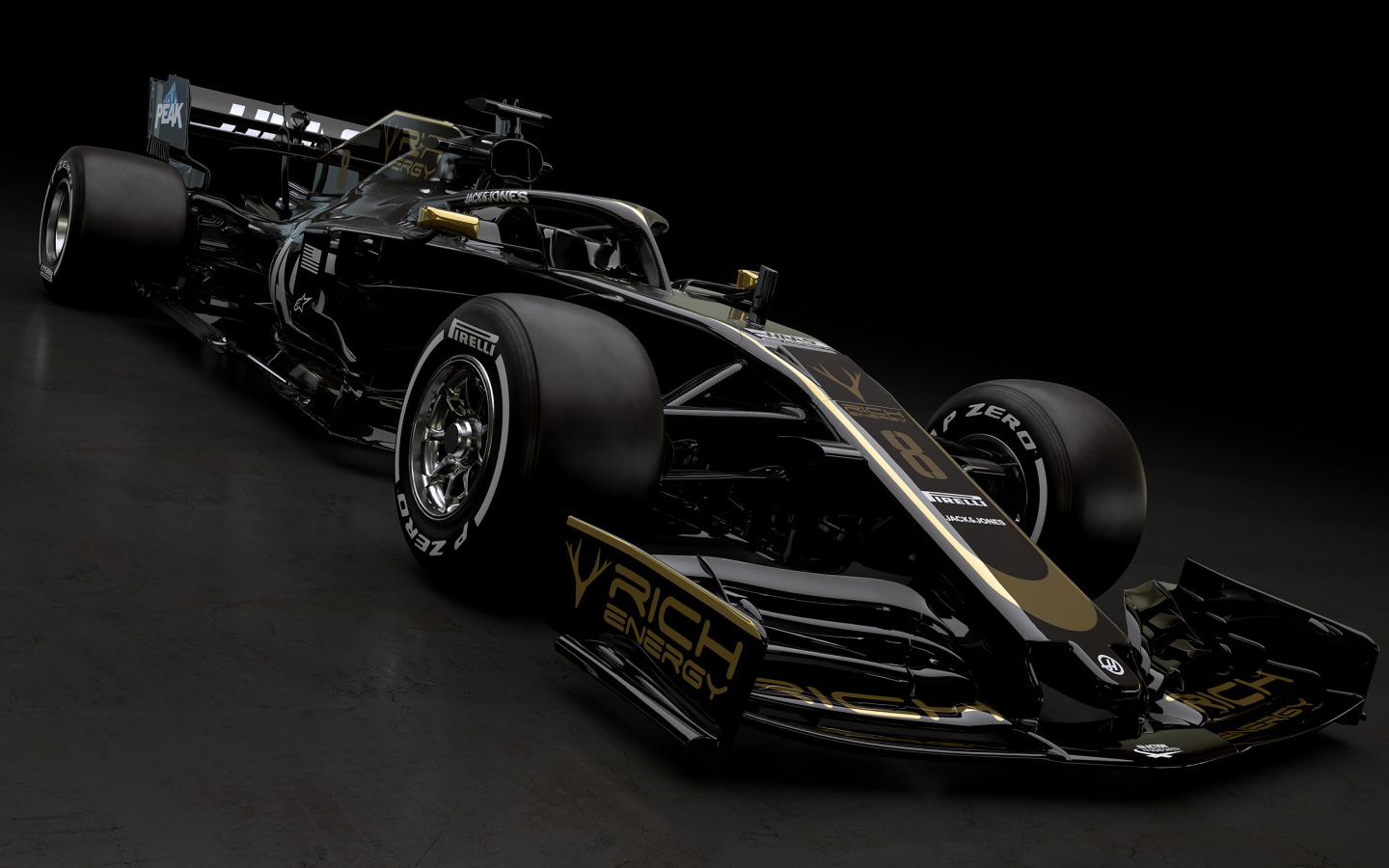 Черный гоночный автомобиль Haas VF-19,  2019 года