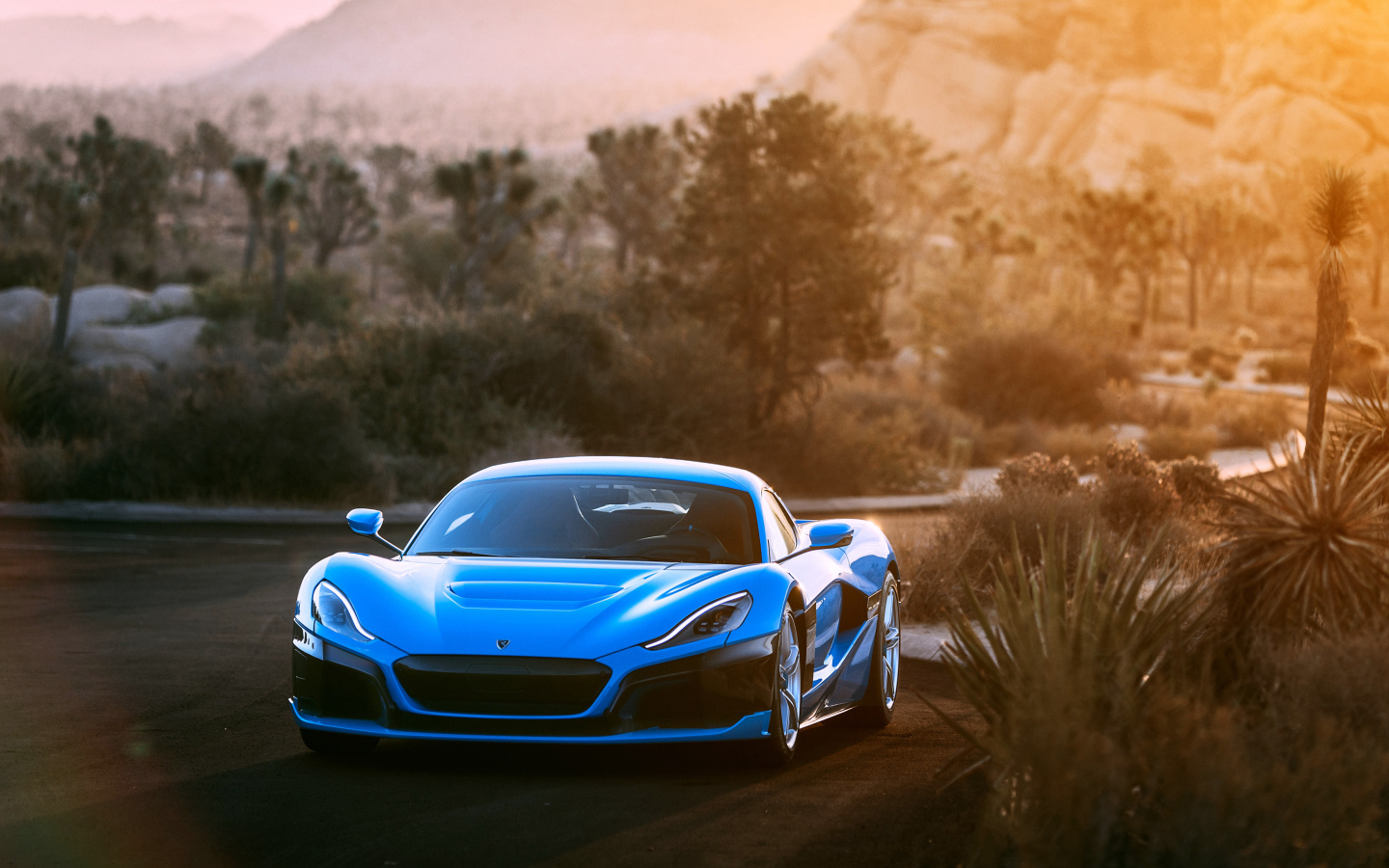 Синий спортивный автомобиль Rimac C Two California Edition вид спереди