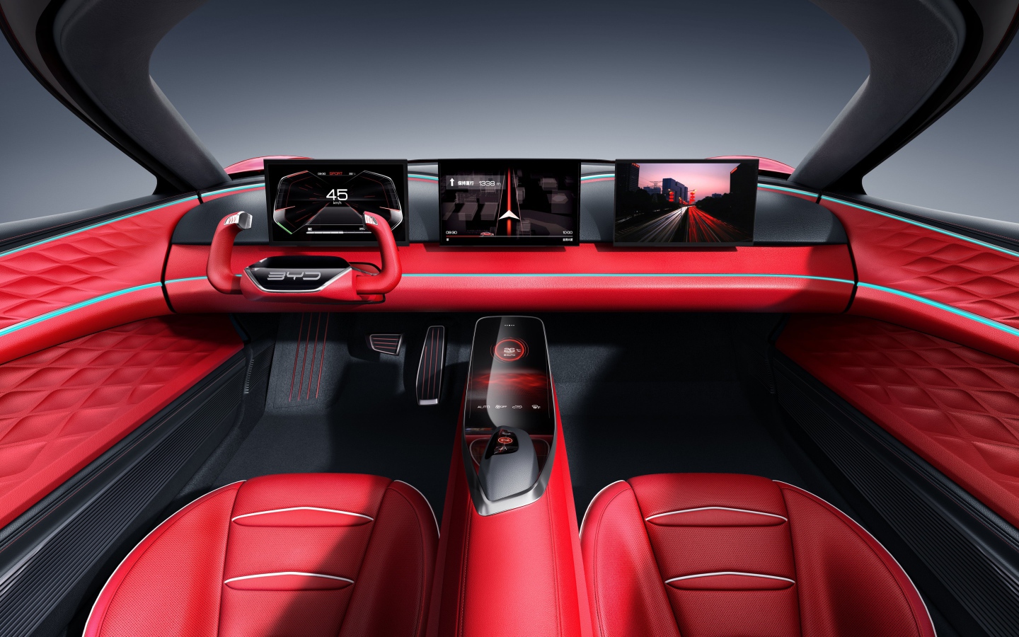 Красный кожаный салон автомобиля BYD E-SEED GT,  2019