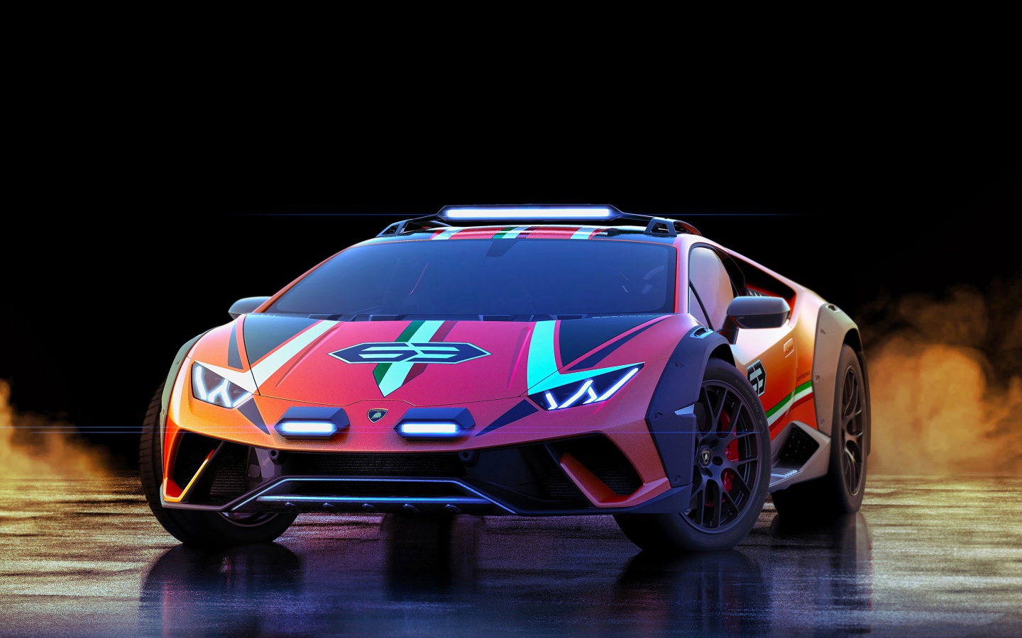 Гоночный автомобиль Lamborghini Huracan,  2019 года на мокром асфальте