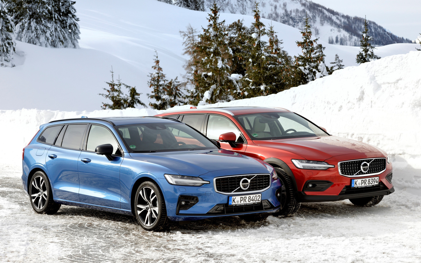 Два автомобиля Volvo V60 на фоне заснеженного леса