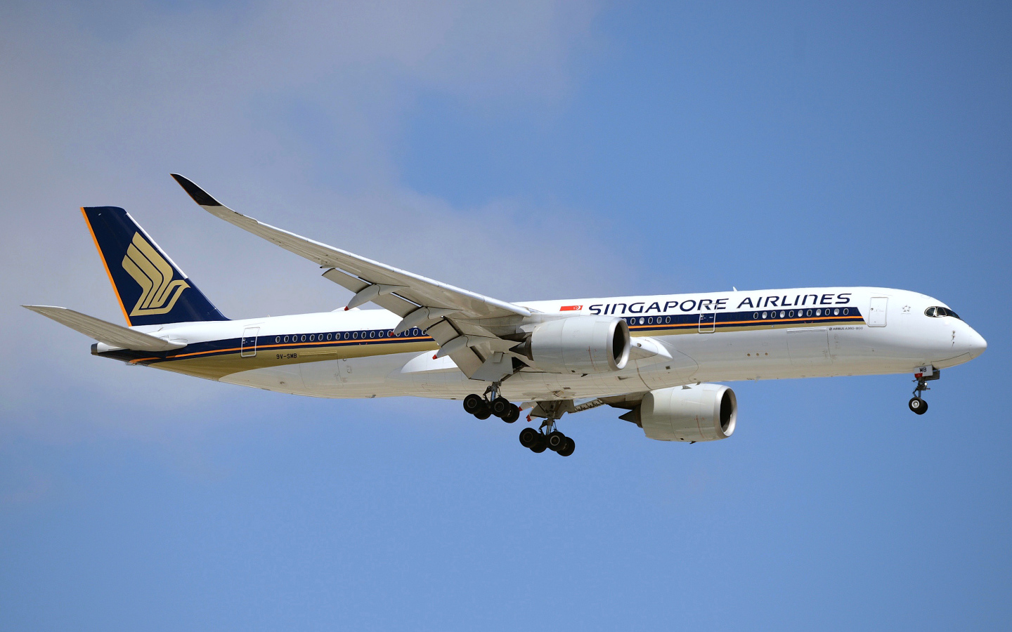 Самолет Singapore Airlines в голубом небе