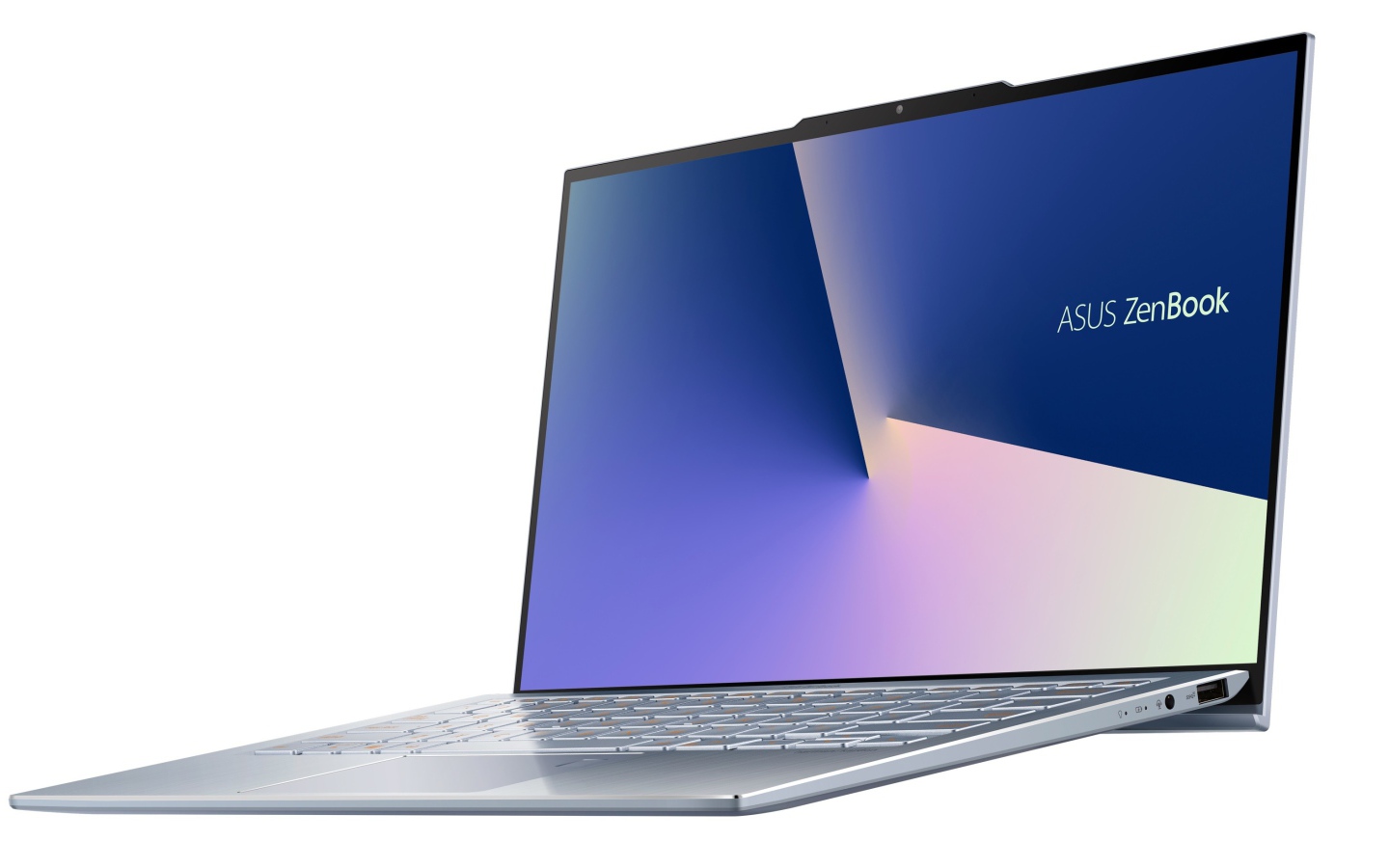 Ультратонкий безрамочный ноутбук ASUS Zenbook S13 на белом фоне, CES 2019