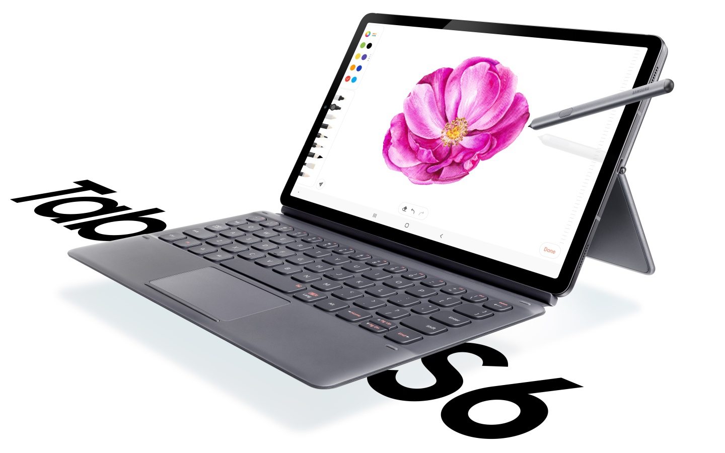 Планшет Samsung Galaxy Tab S6 на белом фоне с клавиатурой