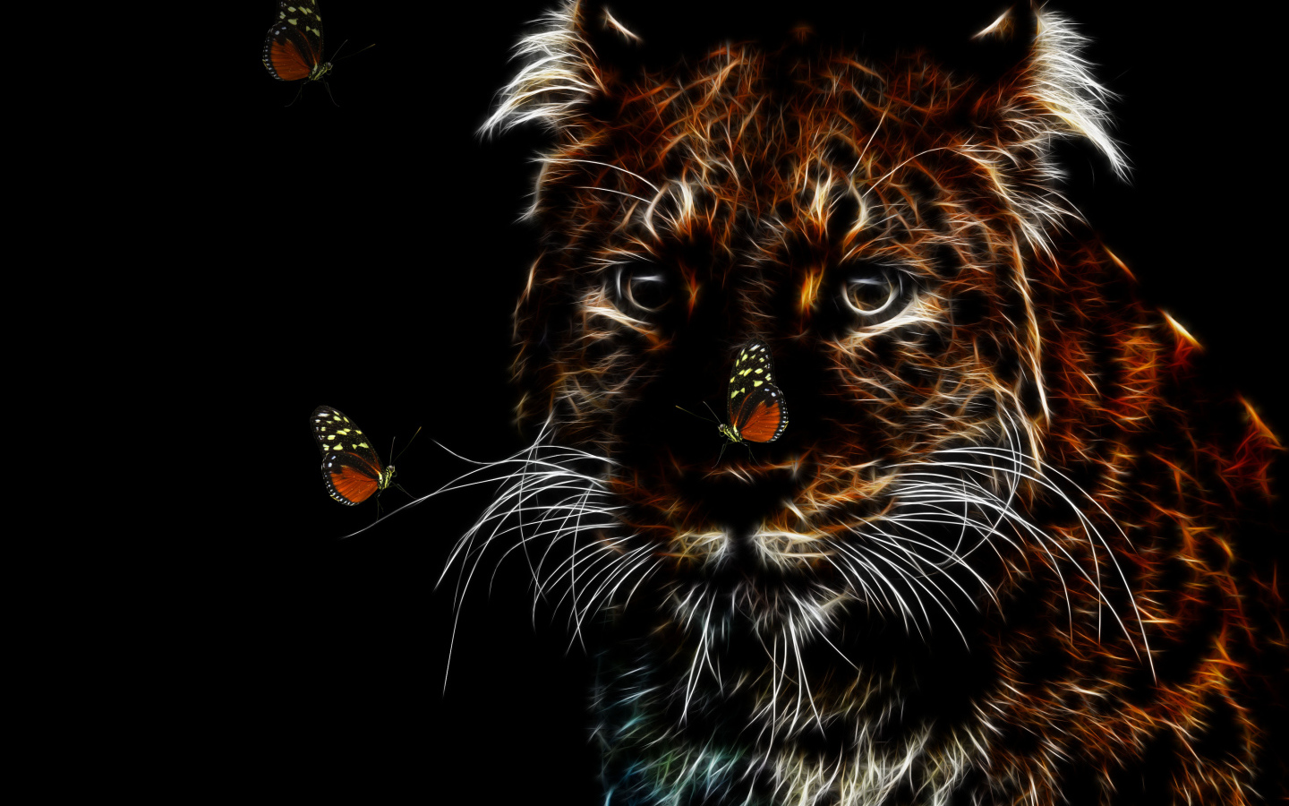 Нарисованный неоновый леопард с бабочками на черном фоне