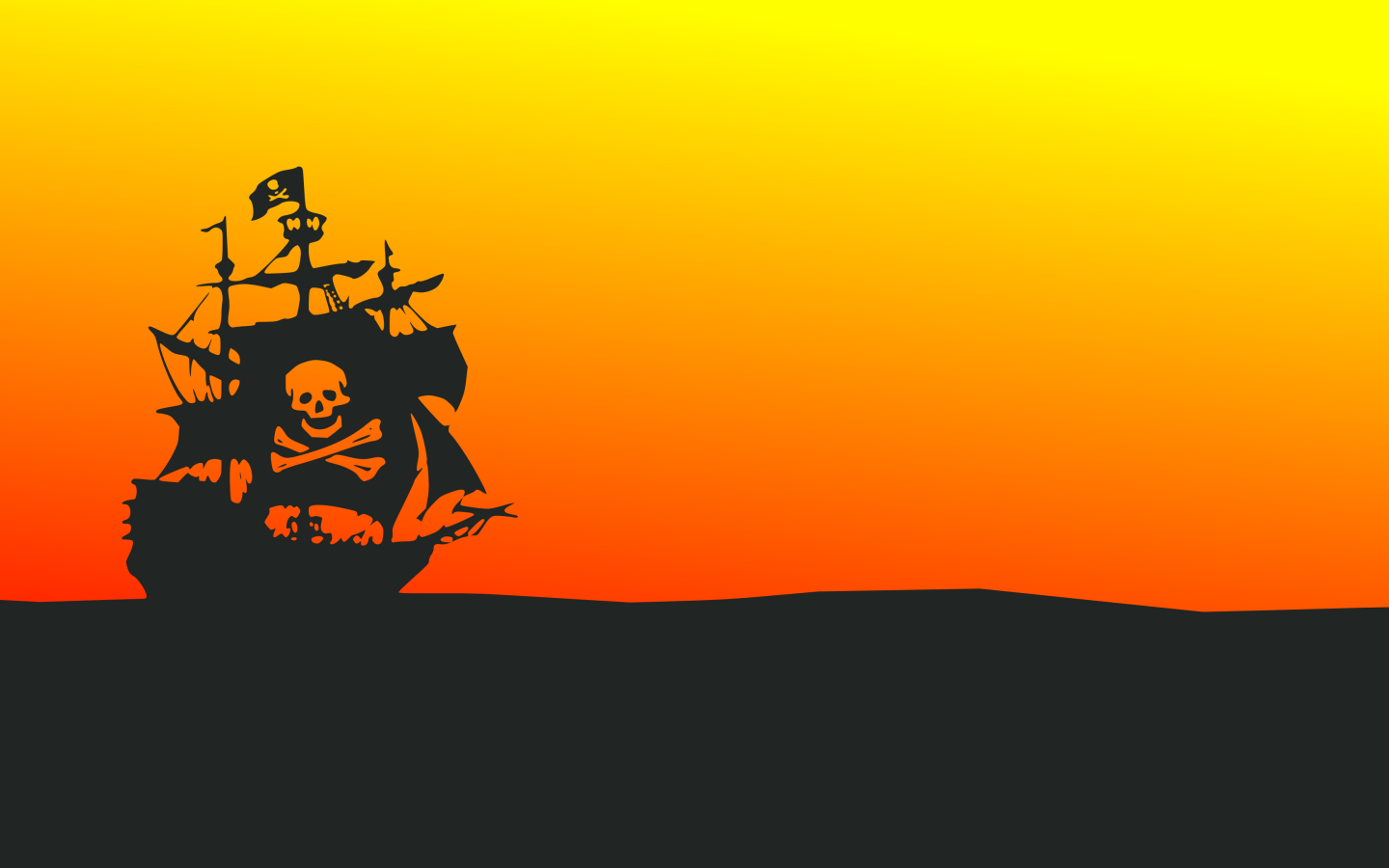 Черный пиратский корабль на оранжевом фоне 