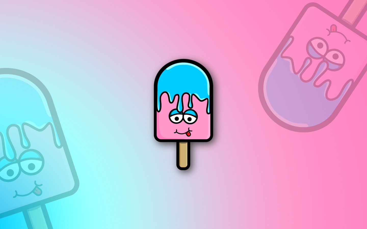 Мороженое на палочке с высунутым языком на розовом фоне